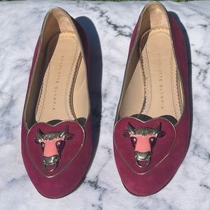 Charlotte Olympia Burgundy Velvet Taurus Bull flats ♉️✨🐮💜